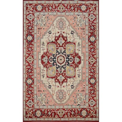 Hand Knotted Oriental 100% Wool Carpet Traditional Medallion Beige & Ivories Heriz (serapi) Area Rug - 9' 0'' X 6' 2''