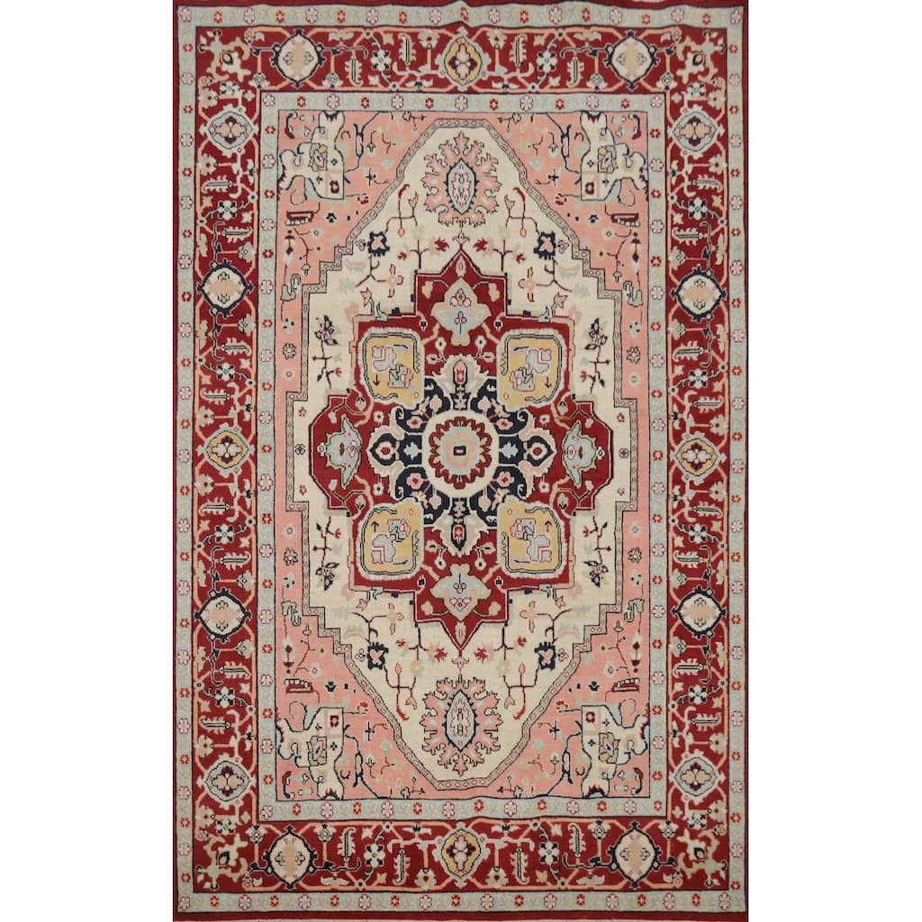 Hand Knotted Oriental 100% Wool Carpet Traditional Medallion Beige & Ivories Heriz (serapi) Area Rug - 9' 0'' X 6' 2''