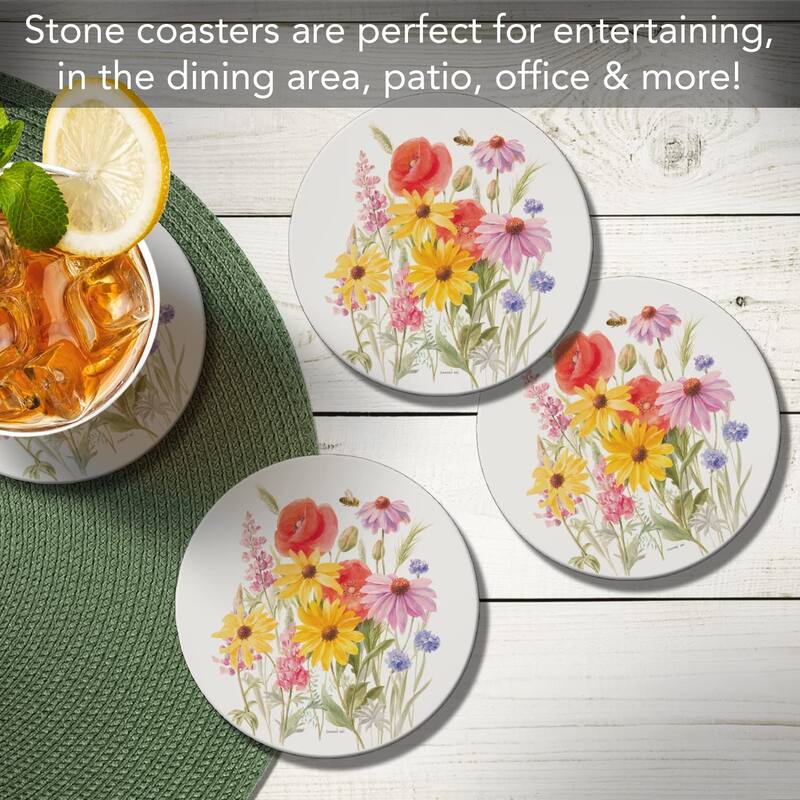 CounterArt Wildflowers in Bloom Absorbent Stone Tumbled Tile Coaster Set of 4 Made in The USA Protective Cork Backing