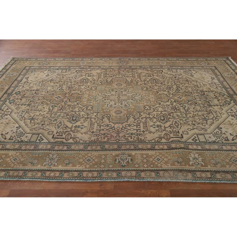 Hand Knotted Oriental 100% Wool Carpet Traditional Medallion Peach Tabriz Area Rug - 9' 7'' X 6' 5''