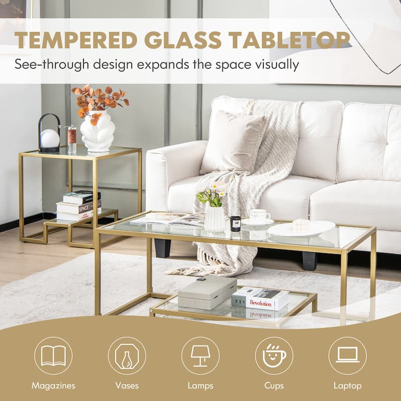Costway Coffee Table Set of 3 Glass Modern Coffee Table & 2 Accent - See Details