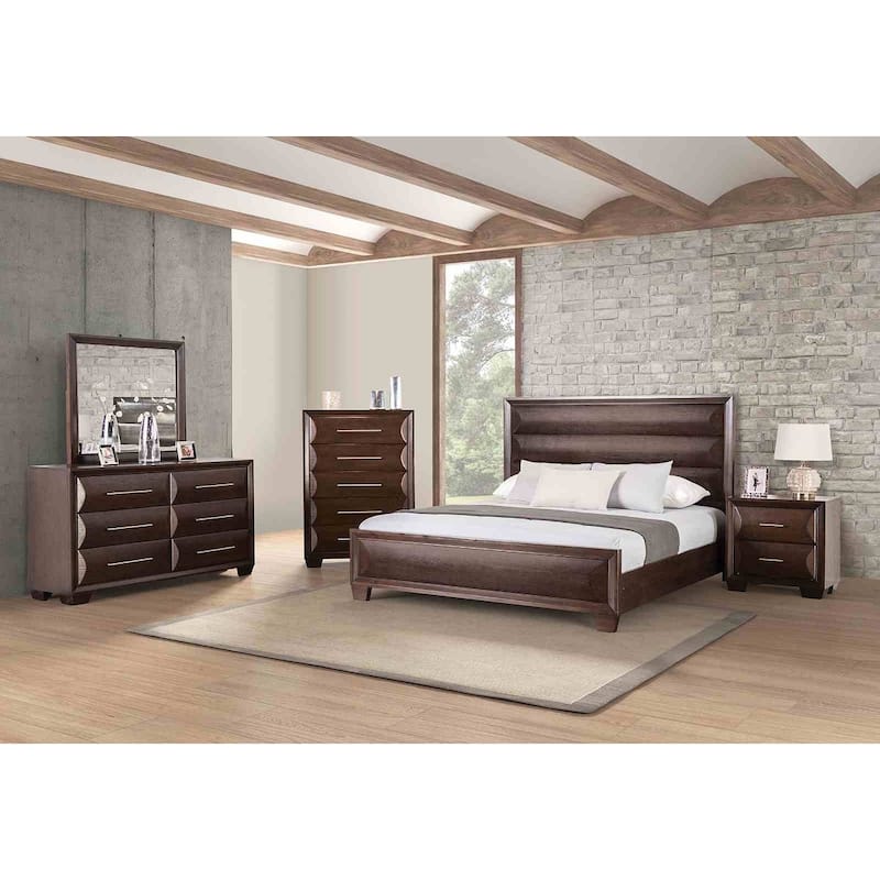 Transitional Espresso Finish Bedroom Collection Bed Nightstand MIRROR Dresser Chest
