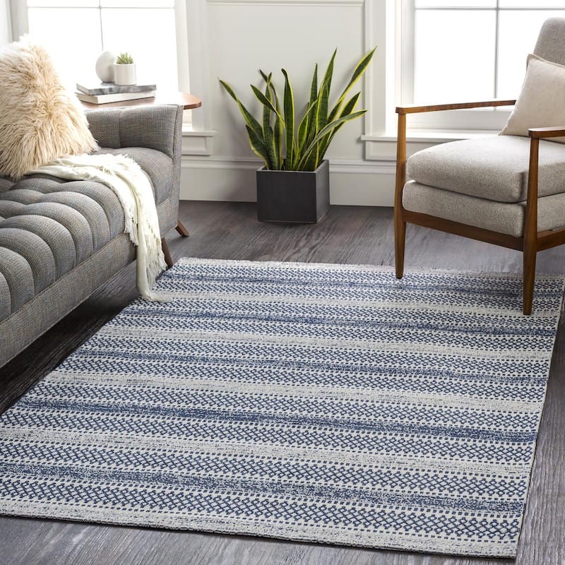Livabliss La Casa Moroccan Stripe Cotton Area Rug - Blue - 6' 4" x 9'
