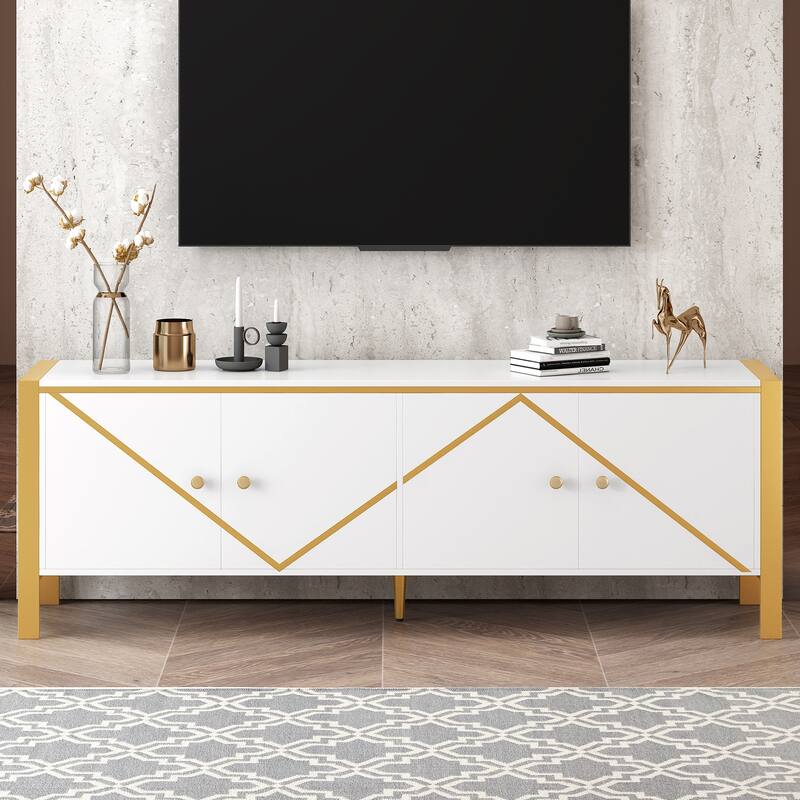 Roomfitters Minimalist TV Stand for up to 75 Inch TV, Entertainment Console Cabinet with 2 Spacious Storage Compartments, White