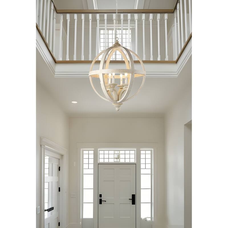 4-Light Farmhouse Wood Orb Chandelier - White