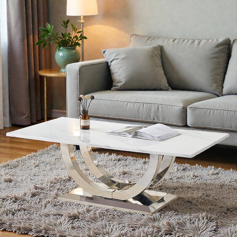 50.4 Inch Modern Rectangular Coffee Table with Marble Pattern MDF Top and Silver Stainless Steel Base