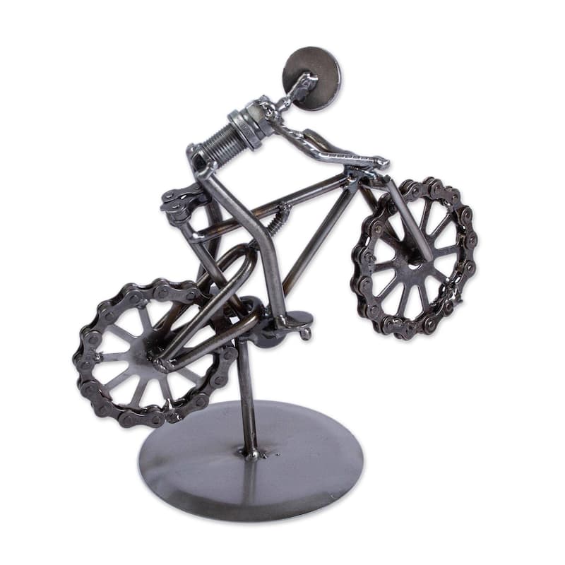 Novica Handmade Boy On A Bike Upcycled Metal Auto Part Sculpture