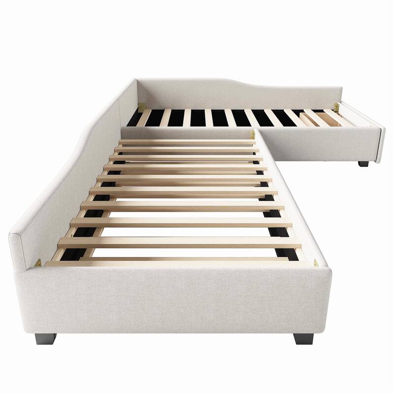 Upholstered Double Twin Size Daybed, Linen Fabric L Shaped Sofa Bed Frame with Pull Out Trundle Bed and Storage Drawers