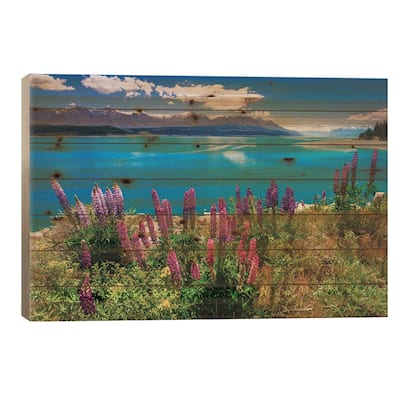 Wildflowers at Lake Pukaki in the Southern Alps, Canterbury, South Island, New Zealand Print On Wood by Russ Bishop