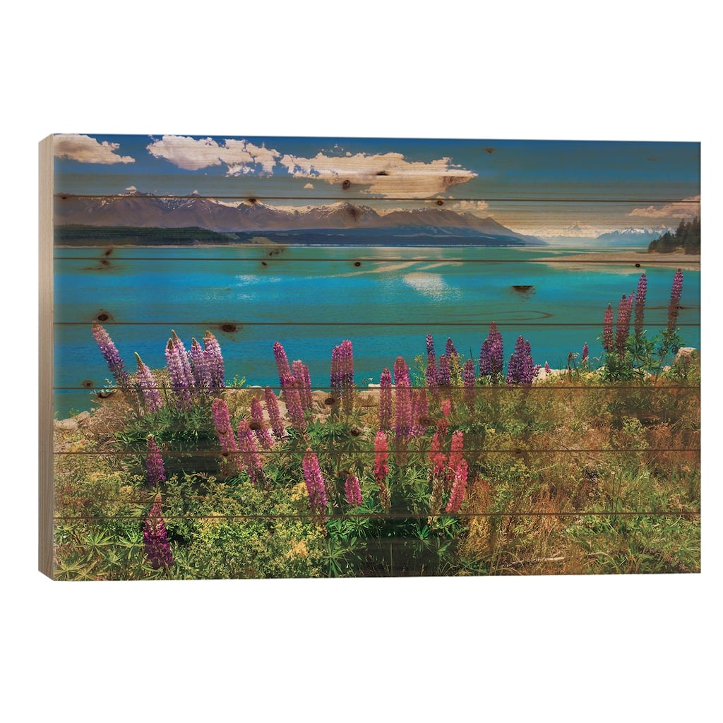 Wildflowers at Lake Pukaki in the Southern Alps, Canterbury, South Island, New Zealand Print On Wood by Russ Bishop