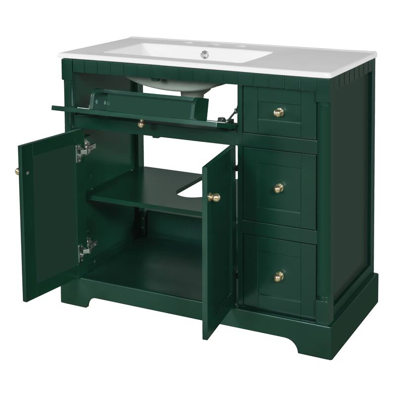 Roomfitters 36 Inch Bathroom Vanity with Sink, Modern Storage Cabinet with Adjustable Shelf and Drawers, Green