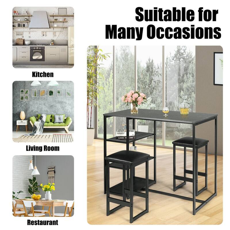 Gymax 3 Piece Pub Set w/ Faux Marble Top Bar Table and 2 Stools Dining