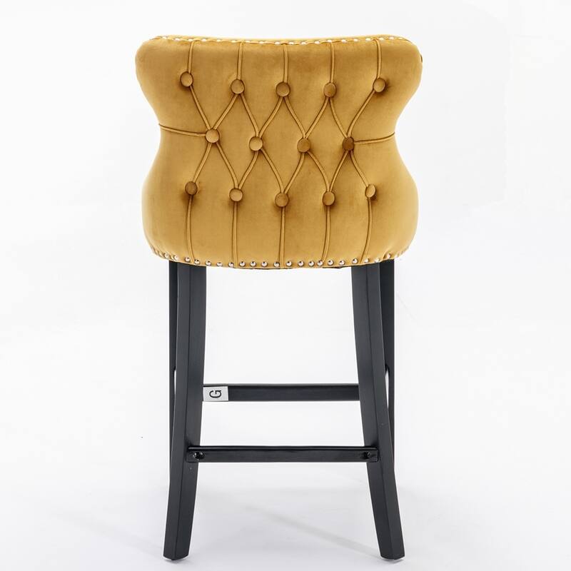 Velvet Upholstered Wing-Back Barstools with Button Tufted Decoration and Wooden Legs