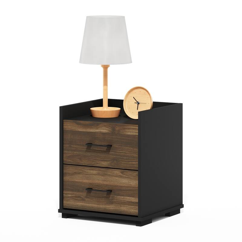 Modern Bedside Table 2 Drawer Nightstand - Bedroom Chest with Handle - Columbia Walnut/Black