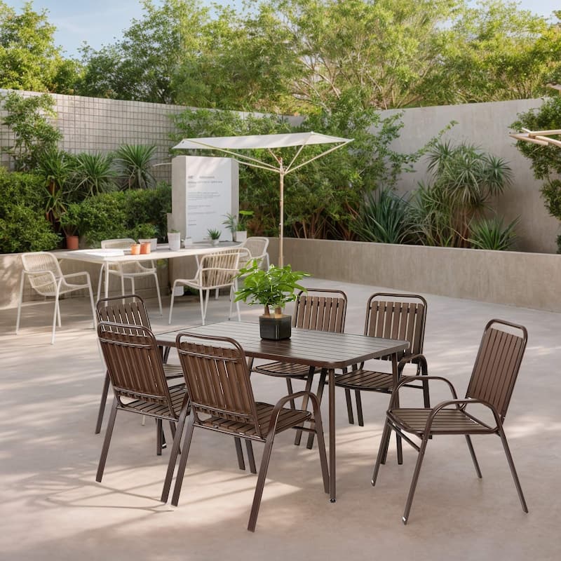 7-Piece Wicker Patio Dining Set with Cushioned Swivel Rockers - Brown