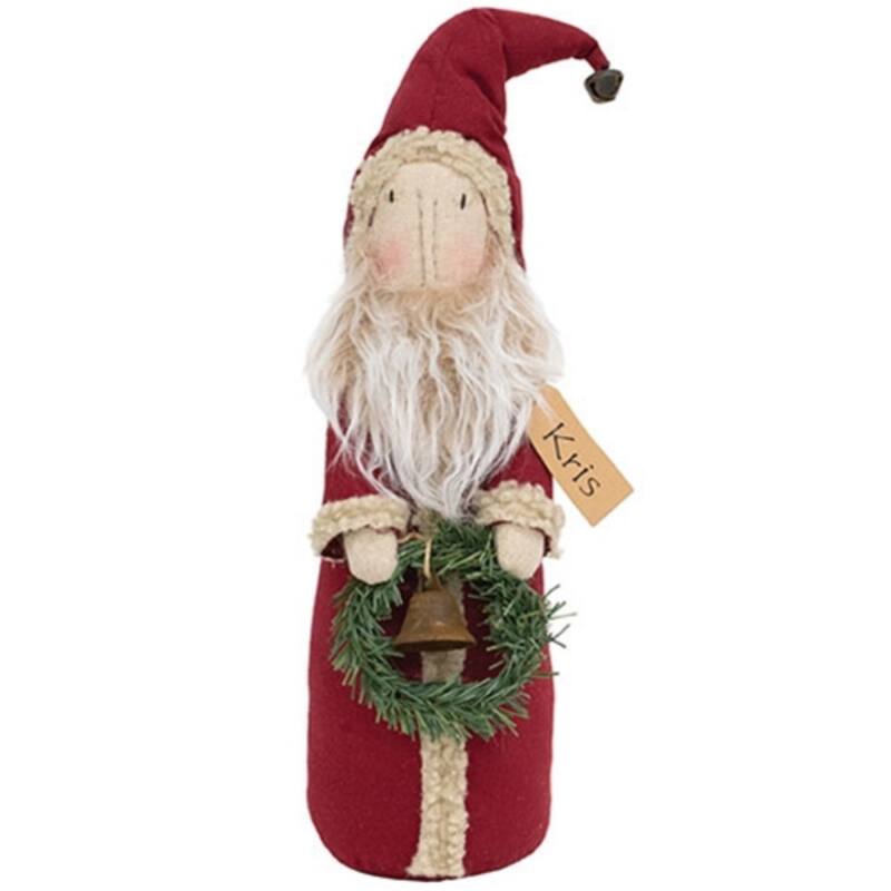 Primitive Santa Kris Plush Figure with Wreath Holiday Decoration - 4.50” x 4.50” x 16” - Red-White