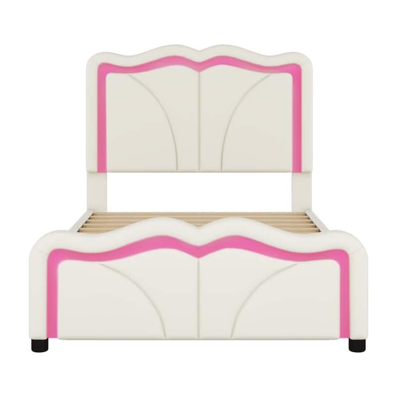 Twin Size Upholstered Platform Bed with Curve Shaped, LED Light Strips
