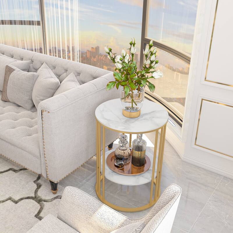 2 Tier Round Sintered Stone End Table Sofa Side Table with Golden Frame