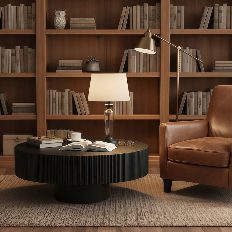 Round Fluted Coffee Table with Sturdy Pedestal, Mid-Century Modern Accent Table for Living Room & Small Spaces