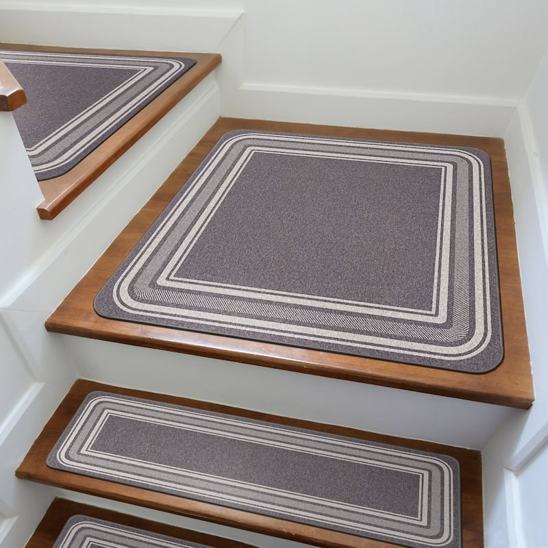 Beverly Rug Non Slip Bordered Stair Treads for Wooden Steps Indoor - Landing Mat, 32''x32'' - Grey