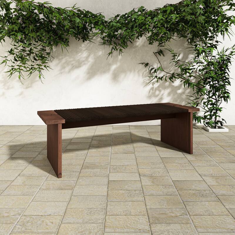 NADAAL STUDIOS Caelisse Outdoor Bench, Woven Synthetic Hyacinth Seat, Teak Wood Frame, Dark Brown