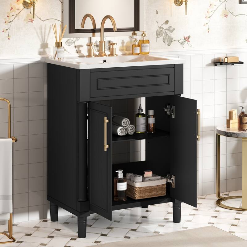 24" Bathroom Vanity with Integrated Ceramic Sink, Bathroom Cabinet with 2 Doors, Single Sink Bathroom Vanity