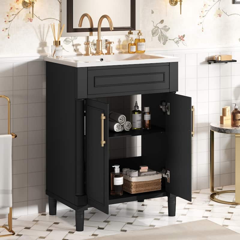Roomfitters 24" Bathroom Vanity with Sink, Freestanding Single Sink Cabinet with Ceramic Basin and Double Door Storage, Black - Black