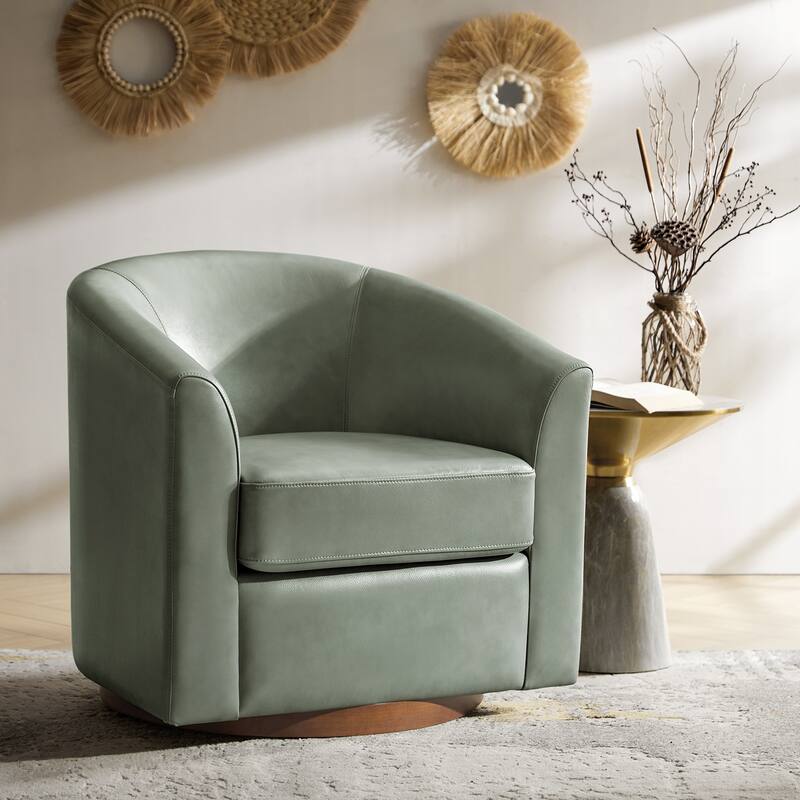 Althea Modern Genuine Leather Swivel Barrel Chair with Solid Wood Base By HULALA HOME - Sage