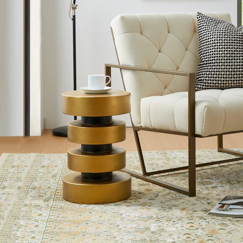 Glitzhome 18"H Modern Antique Gold/White MGO Floating Disks Side Table or Accent Stool - 12"L x 12"W x18"H