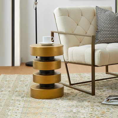 Glitzhome 18"H Modern Antique Gold/White MGO Floating Disks Side Table or Accent Stool - 12"L x 12"W x18"H