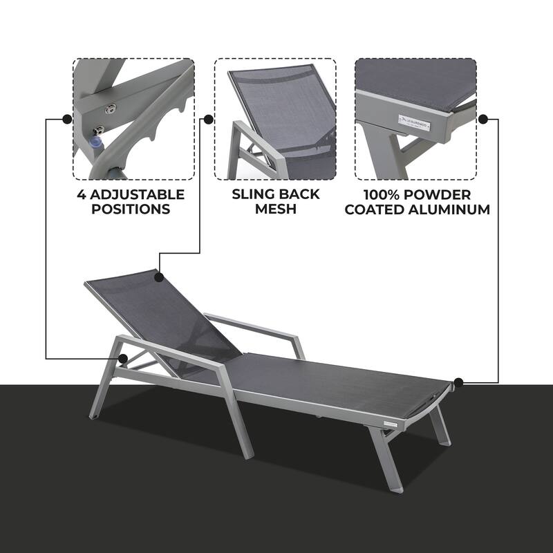 LeisureMod Set of 2 Stackable Beach Pool Sunbathing Chaise Loungers - Adjustable Outdoor Sun Lounge Chairs for Patio Backyard