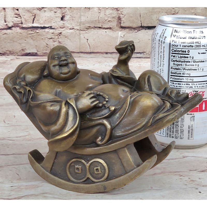 Laughing Buddha On Rocking Chair Bronze Figurine Statue Sculpture Original Art