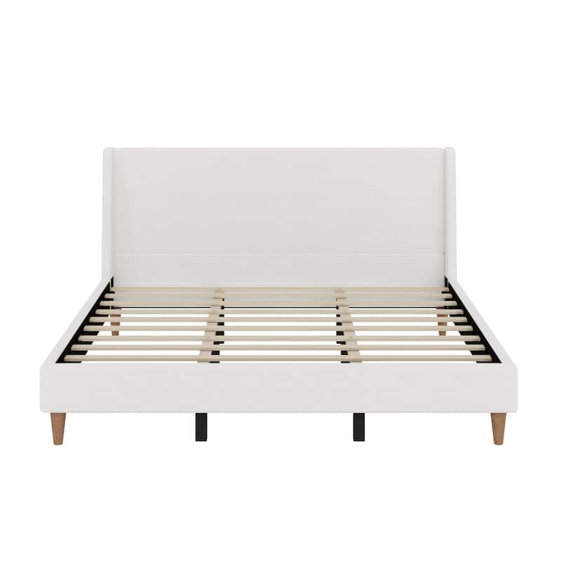 Modern Velvet Upholstered Platform Bed with Wingback Headboard