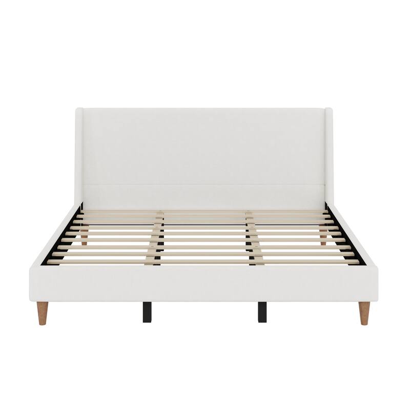 Upholstered Platform Bed with Wingback Headboard and Round Wooden Legs, Skin-friendly Upholstered Low-Profile Bed Frame