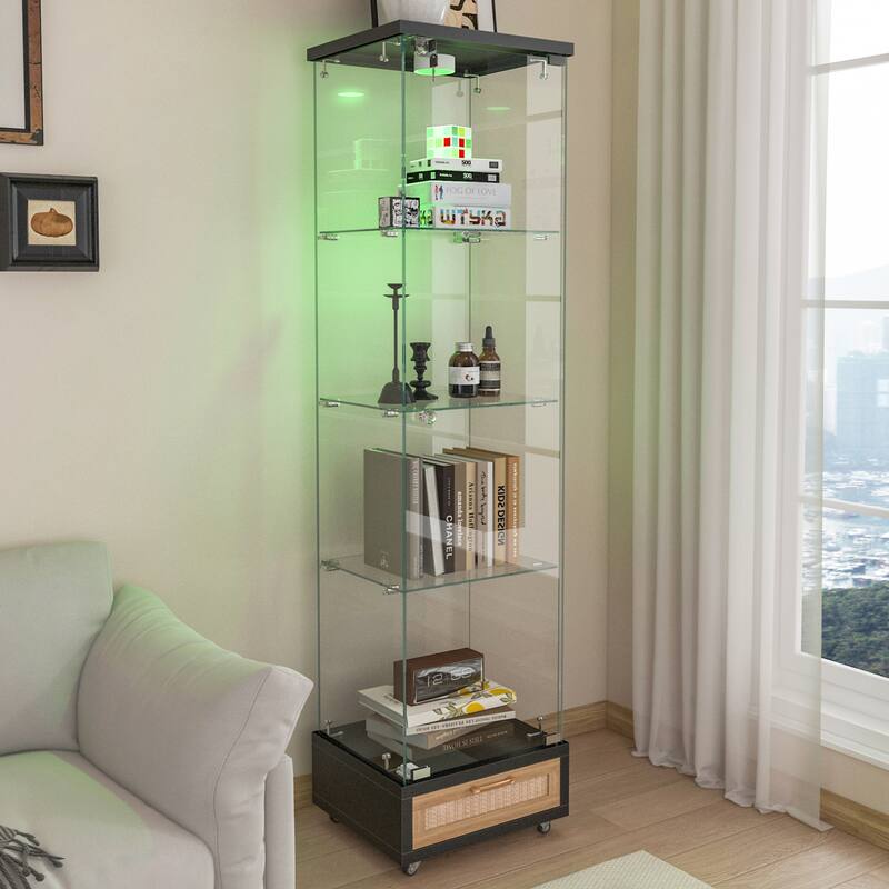 Glass Display Cabinet With Drawer,Cabinet With Led Lights,Tempered Glass Bookshelf, 1-Door Storage Case With 4 Shelves