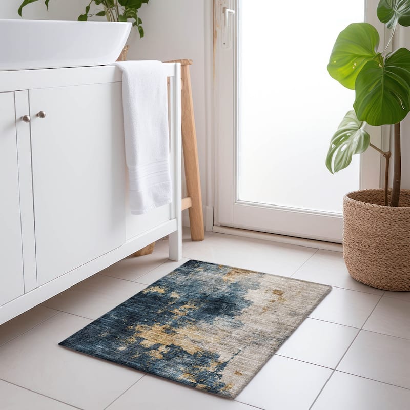 Machine Washable Indoor/ Outdoor Abstract Modern Chantille Rug - Blue - 1'8" x 2'6"