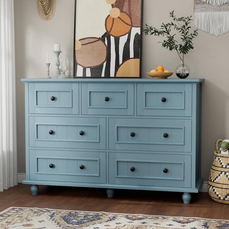47"W Retro 7-Drawer Dresser Farmhouse Wood Dressers Chest of Drawers - Blue