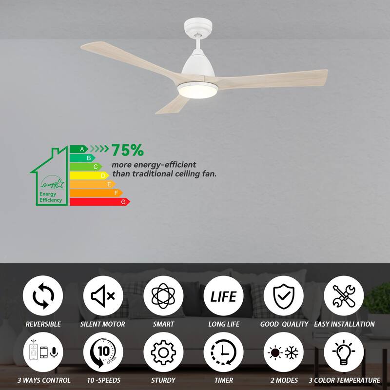CARRO Abbott 52" Smart Ceiling Fan with LED Light and Remote- Solid Wood Fan Blades