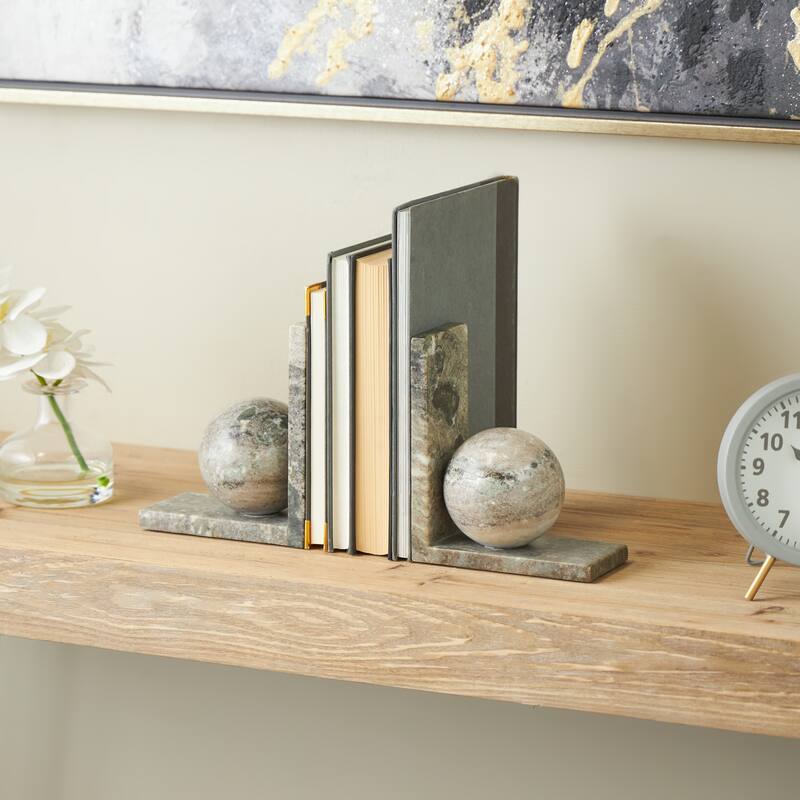Marble Geometric Sleek Orb Decorative Bookends with L- Shaped Bases - Set of 2 White, Black, Gray - Roche River Decor