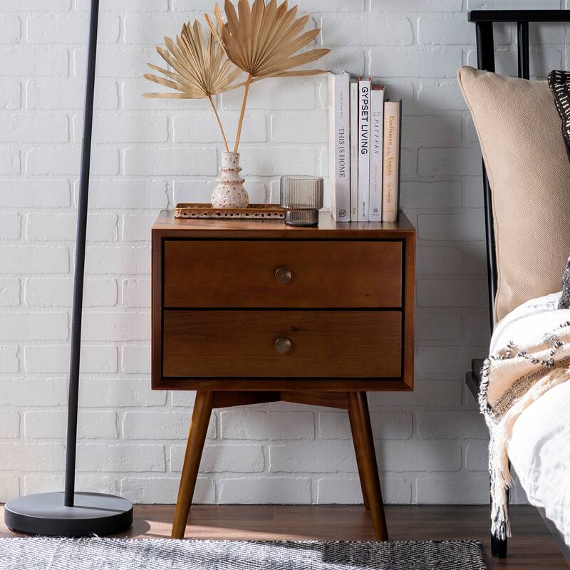 Mid-Century Modern Nightstand, Side Table with 2 Storage Drawer, Decorative Table with Solid Wood Legs, Entry Side Table