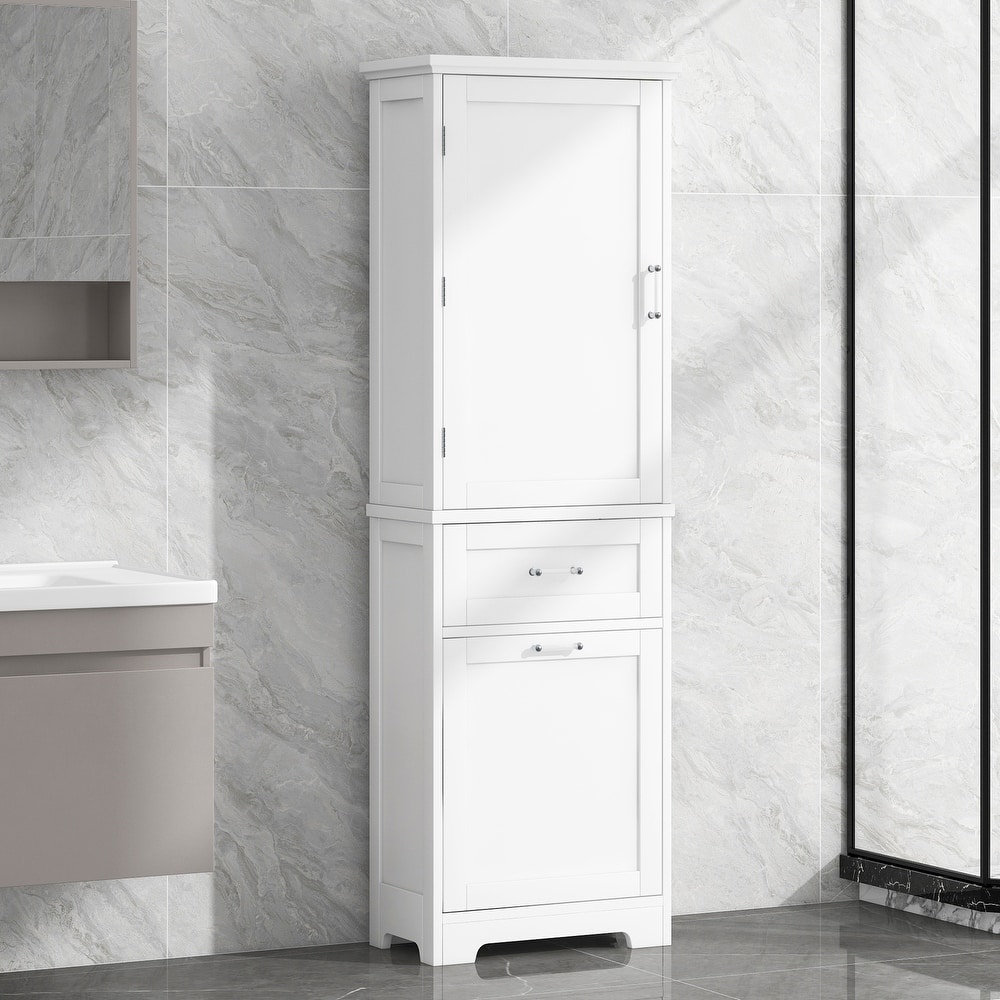 Modern Bathroom Storage Cabinet with Drawers and Adjustable Shelf, Freestanding Floor Cabinet with Acrylic Handles