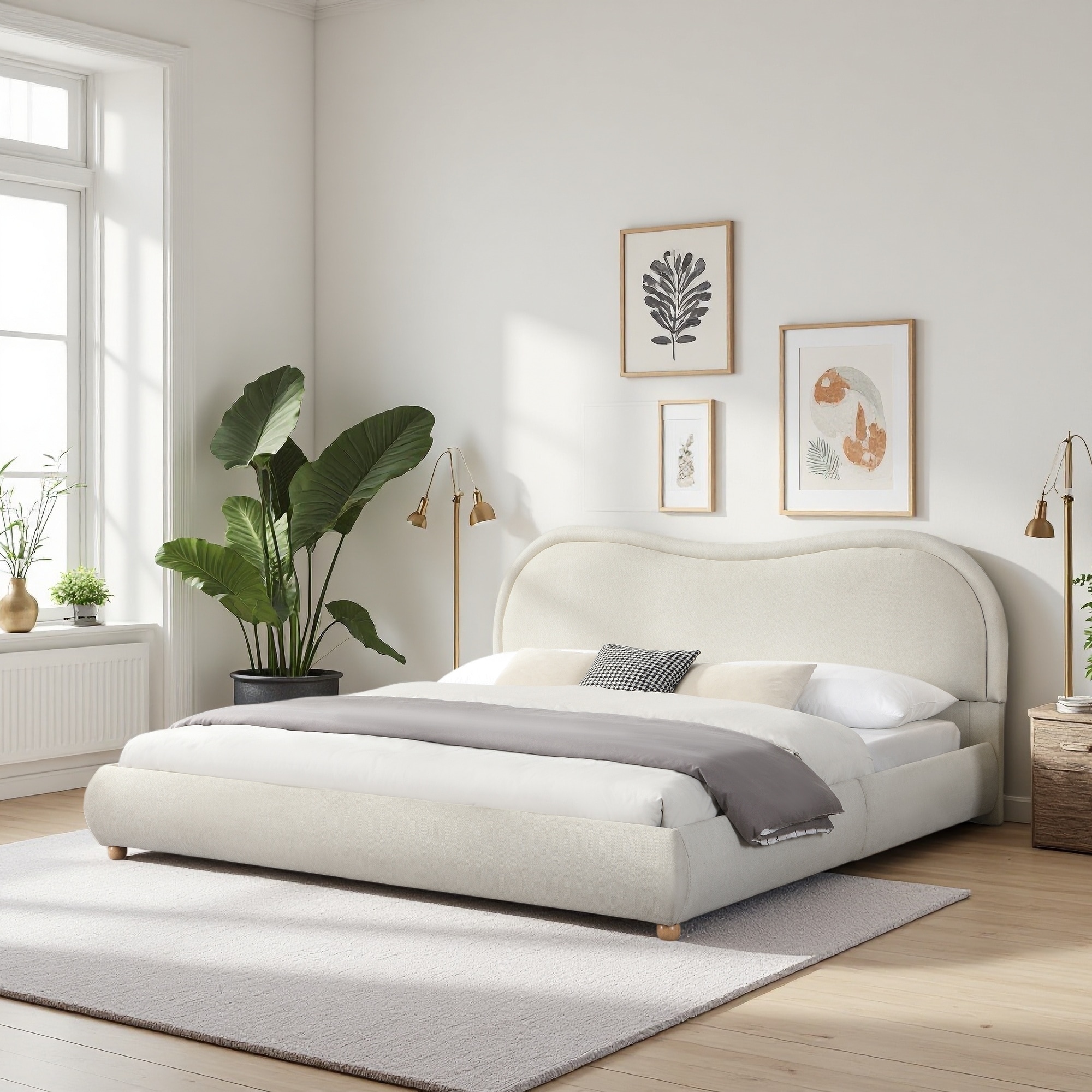 Upholstered Platform Bed Frame with Curved Rounded Headboard and Legs