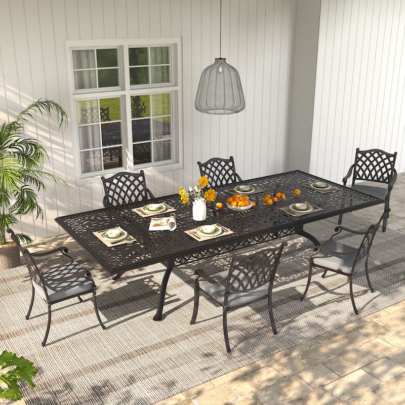 7-Piece Antique Bronze Cast Aluminum Outdoor Dining Set with Cushions & Umbrella hole - Bronze