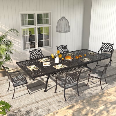 7-Piece Antique Bronze Cast Aluminum Outdoor Dining Set with Cushions & Umbrella hole