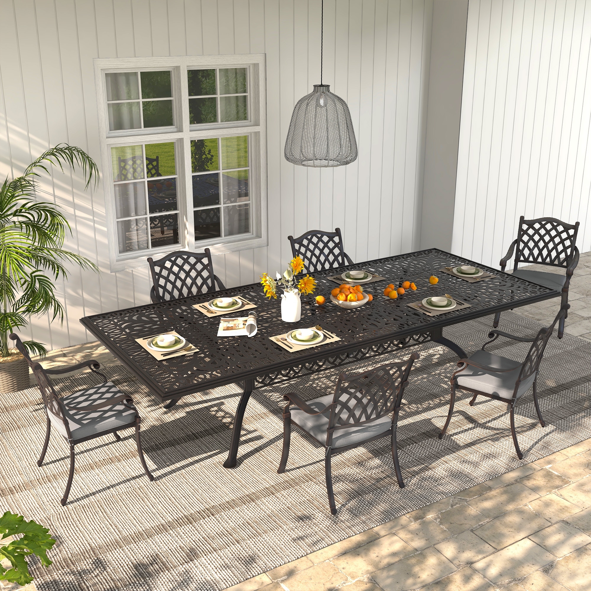 7-Piece Antique Bronze Cast Aluminum Outdoor Dining Set with Cushions & Umbrella hole