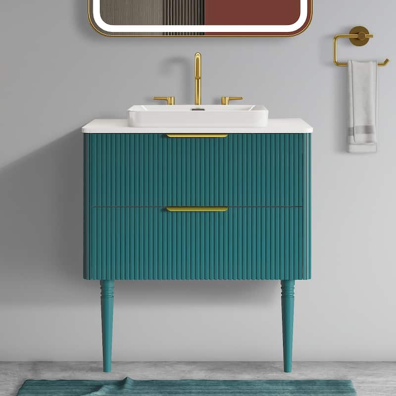 GDFStudio - Elena Freestanding 30" Bathroom Vanity with Ceramic Sink and Soft-Close Drawers - Aqua Blue - 30"