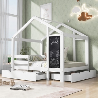 House Bed with Blackboard and 2 Large Drawers for Kids Boys Girls, Wooden Bed Frame, Two Assembly Methods, No Box Spring Needed