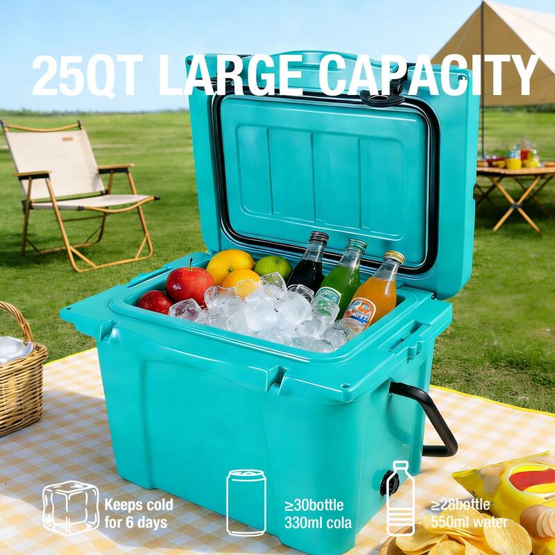 25QT Portable Cooler, Insulated Hard Cooler with Bottle Opener, Cup Holder, Forming Ruler, Travel, Beach, Camping, Fishing
