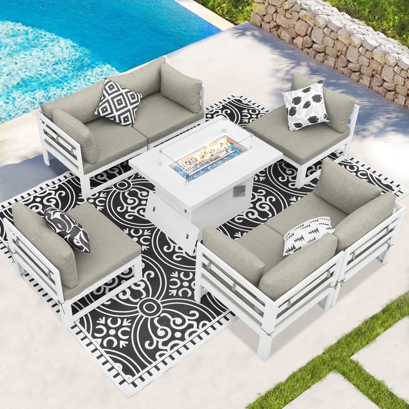 FINCATI Modern 7 Piece White Aluminum Outdoor Furniture Set with Propane/Natural Gas Firepit Table