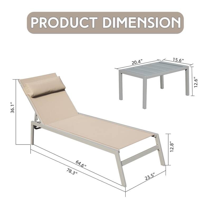 GDFStudio - Tatum 3-Piece Outdoor Adjustable Chaise Lounge Set with Side Table and Wheels